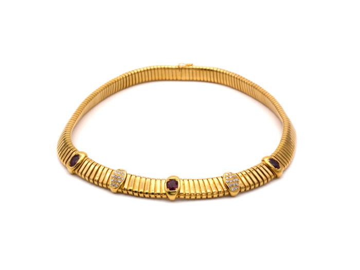 Collier en or jaune 18 carats avec rubis et diamants, modèle Turbogaz.