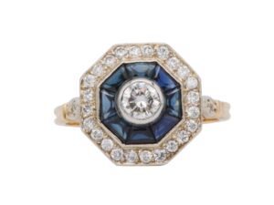 Bague ancienne Art Déco en or blanc, forme octogonale, sertie de diamants et de saphirs bleus
