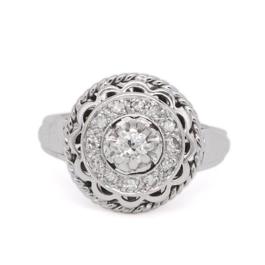 Bague Art Déco ancienne des années 1930 en or blanc, platine et diamants