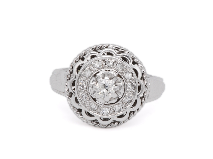 Bague Art Déco ancienne des années 1930 en or blanc, platine et diamants