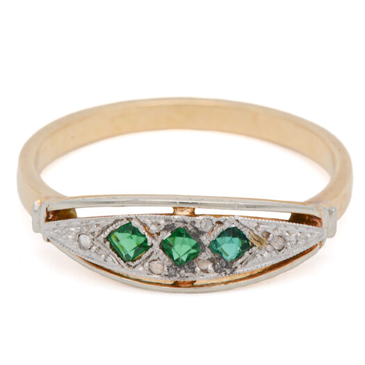 Bague jarretière Art déco en or 18 carats, pierres vertes et diamants taille rose