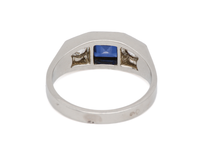 Dos de bague jarretière Art Déco ancienne avec pierre bleue et diamants