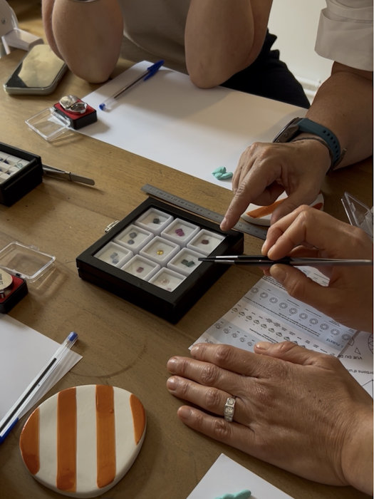 Petit groupe participant à un atelier de gemmologie et d’observation des pierres à Lyon